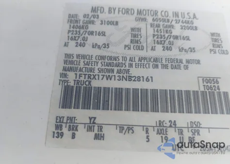 2003 Ford F-150 Lariat/Xl/Xlt from USA, damaged, VIN 1FTRX17W13NB28161